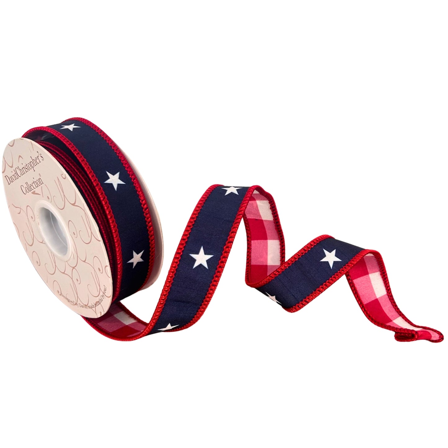 1” X 10Yd Print On Navy Blue Dupion With White/Red Checks Back And Red Edge