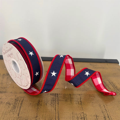 1” X 10Yd Print On Navy Blue Dupion With White/Red Checks Back And Red Edge