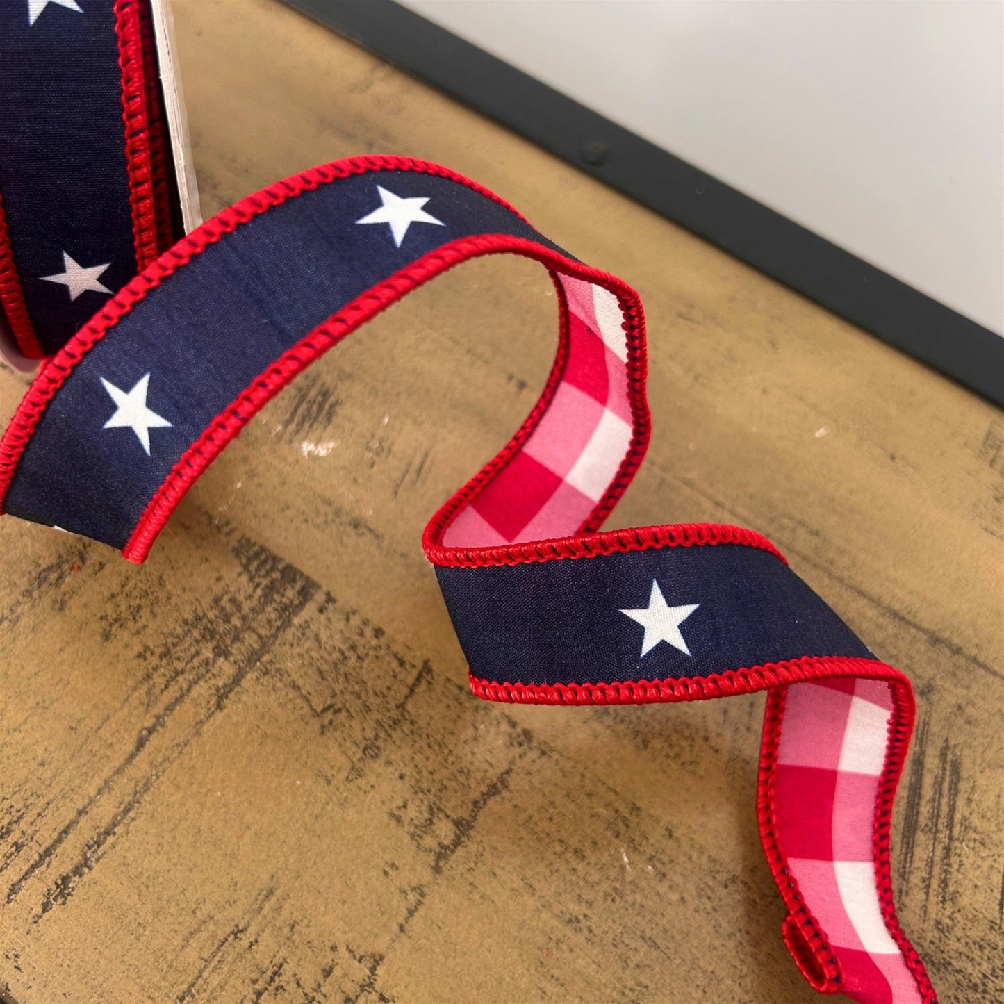 1” X 10Yd Print On Navy Blue Dupion With White/Red Checks Back And Red Edge
