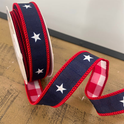 1” X 10Yd Print On Navy Blue Dupion With White/Red Checks Back And Red Edge