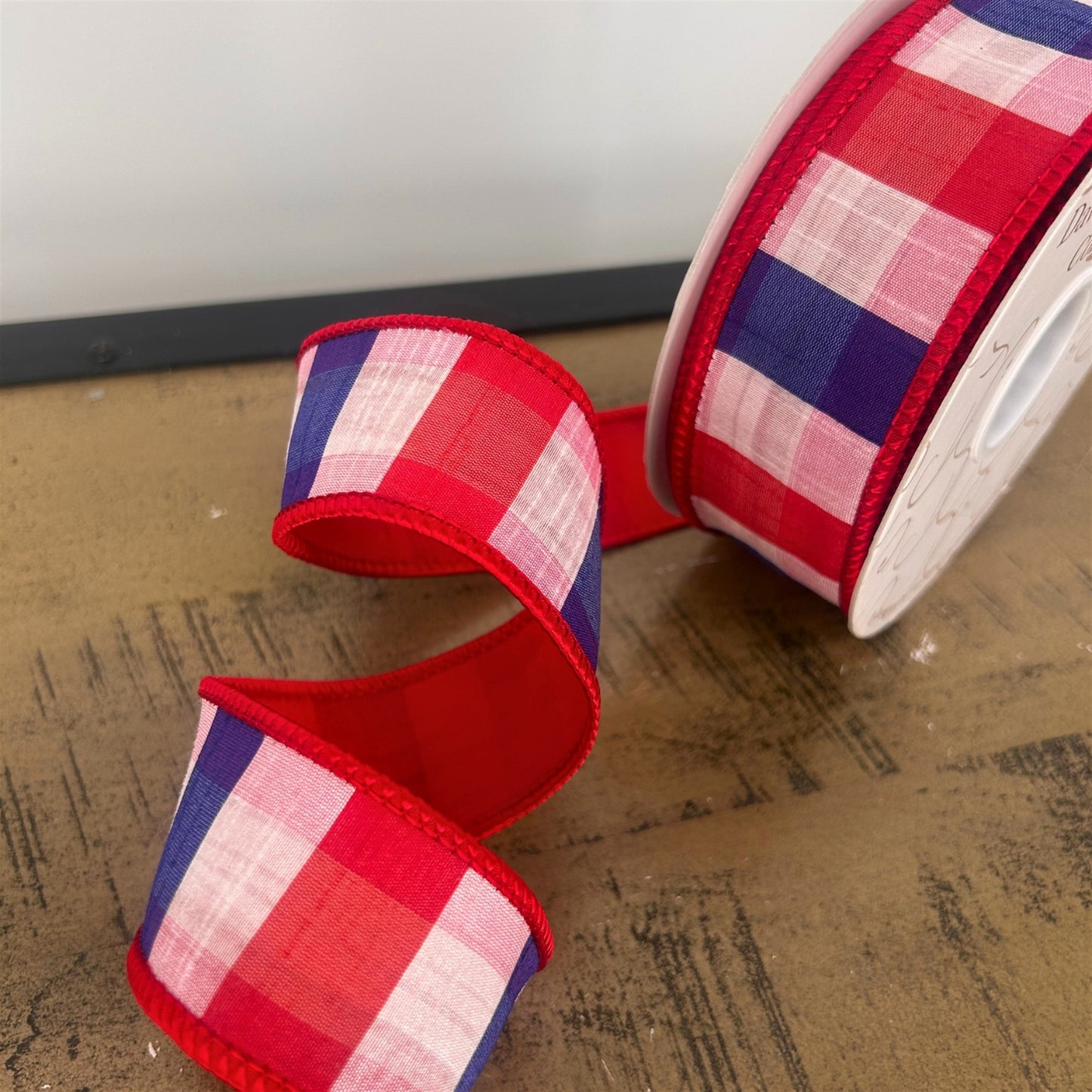 1.5” X 10Yd Blue/Red Checks Dupion With Red Dupion Back