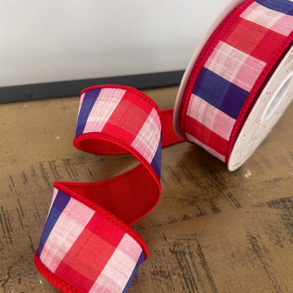 1.5” X 10Yd Blue/Red Checks Dupion With Red Dupion Back