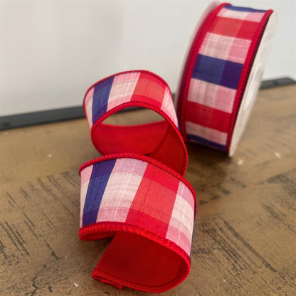 1.5” X 10Yd Blue/Red Checks Dupion With Red Dupion Back