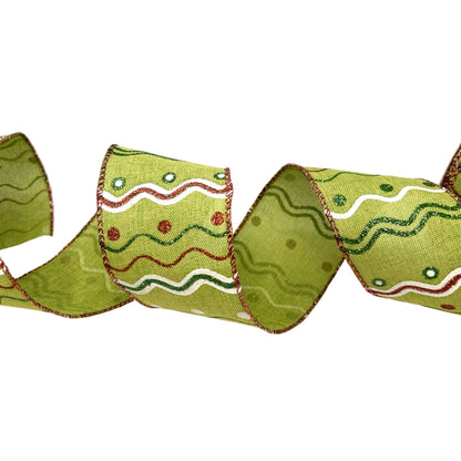 Faux Linen Ribbon w/ Glittered Designs 2.5" x 10yd - Lime | CRR