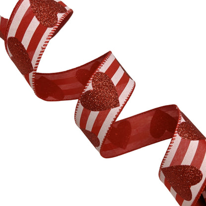 Striped Ribbon w/ Glitter Hearts 1.5" x 10yd | CRR