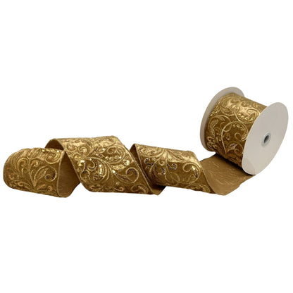 Elegant Embroidery Velvet Ribbon 4" x 10yd - Taupe/Gold | CRR