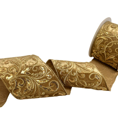 Elegant Embroidery Velvet Ribbon 4" x 10yd - Taupe/Gold | CRR
