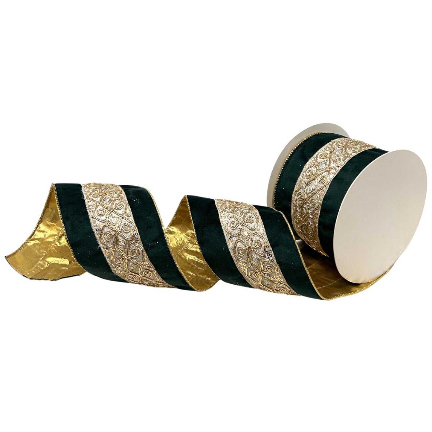 Embossed Trim on Soft Emerald Ribbon w/ Gold Back 4" x 10yd - Emerald | CRR