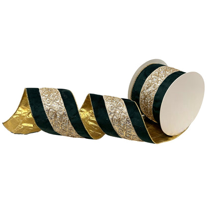 Embossed Trim on Soft Emerald Ribbon w/ Gold Back 4" x 10yd - Emerald | CRR