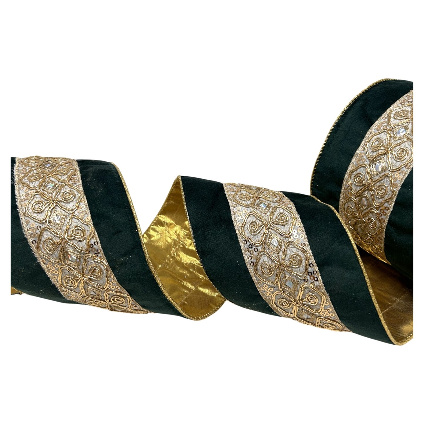 Embossed Trim on Soft Emerald Ribbon w/ Gold Back 4" x 10yd - Emerald | CRR