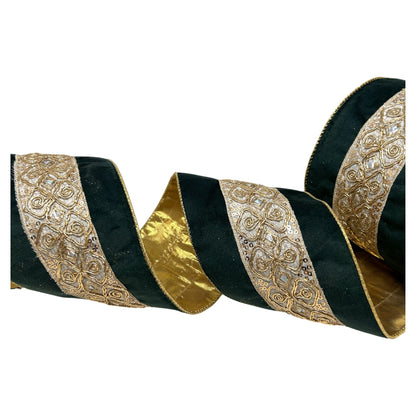 Embossed Trim on Soft Emerald Ribbon w/ Gold Back 4" x 10yd - Emerald | CRR
