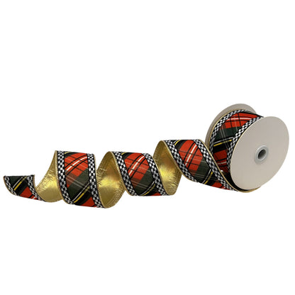 Woven Plaid Check Ribbon w/ Gold Back 2.5" x 10yd | CRR
