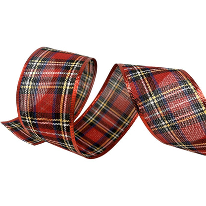 Red/Blue/Gold Tartan Plaid Ribbon w/ Foil Wire Edge 2.5" x 10yd | CRR