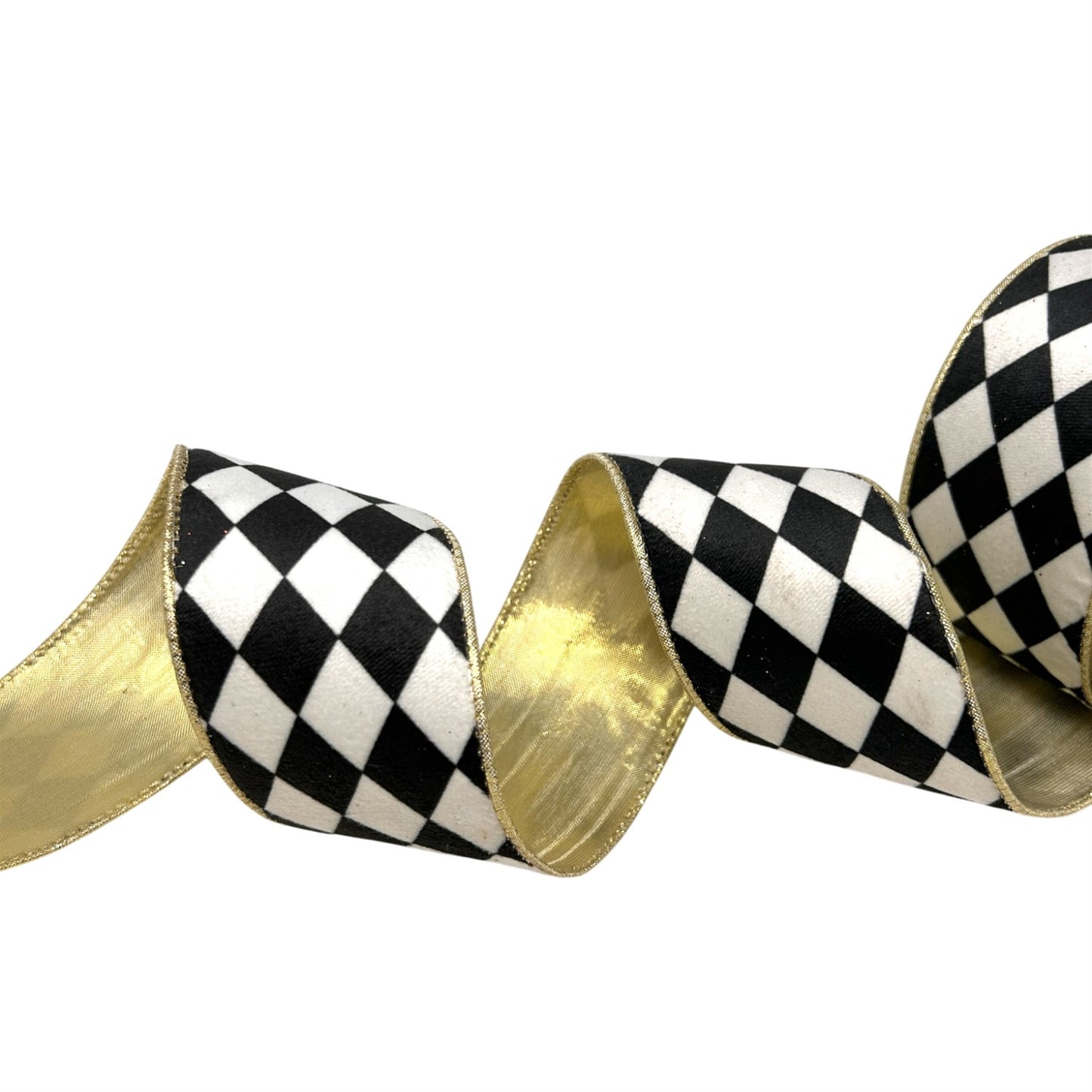 Soft Fabric Harlequin Print Ribbon w/ Gold Edge and Back 2.5x 10yd | CRR