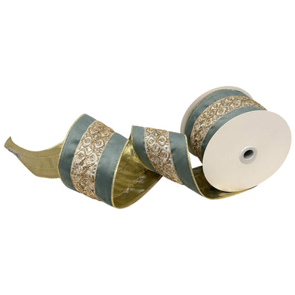 Embossed Gold Trim om Soft Aqua Ribbon 4" x 10yd | CRR