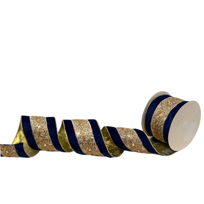 Embossed Trim on Soft Blue Ribbon w/ Gold Back 4" x 10yd - Blue | CRR