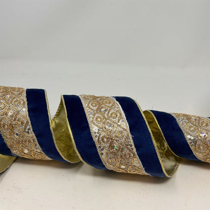 Embossed Trim on Soft Blue Ribbon w/ Gold Back 4" x 10yd - Blue | CRR