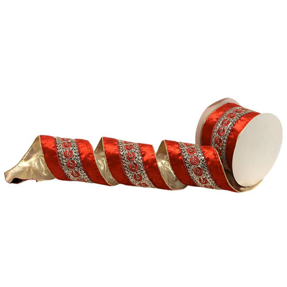 Medallion Trim Embroidery on Red Velvet Ribbon 4" x 10yd | CRR