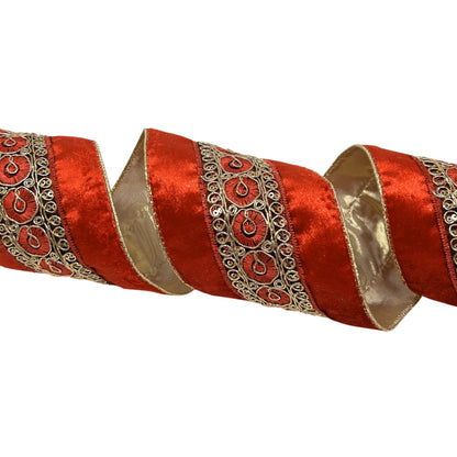 Medallion Trim Embroidery on Red Velvet Ribbon 4" x 10yd | CRR