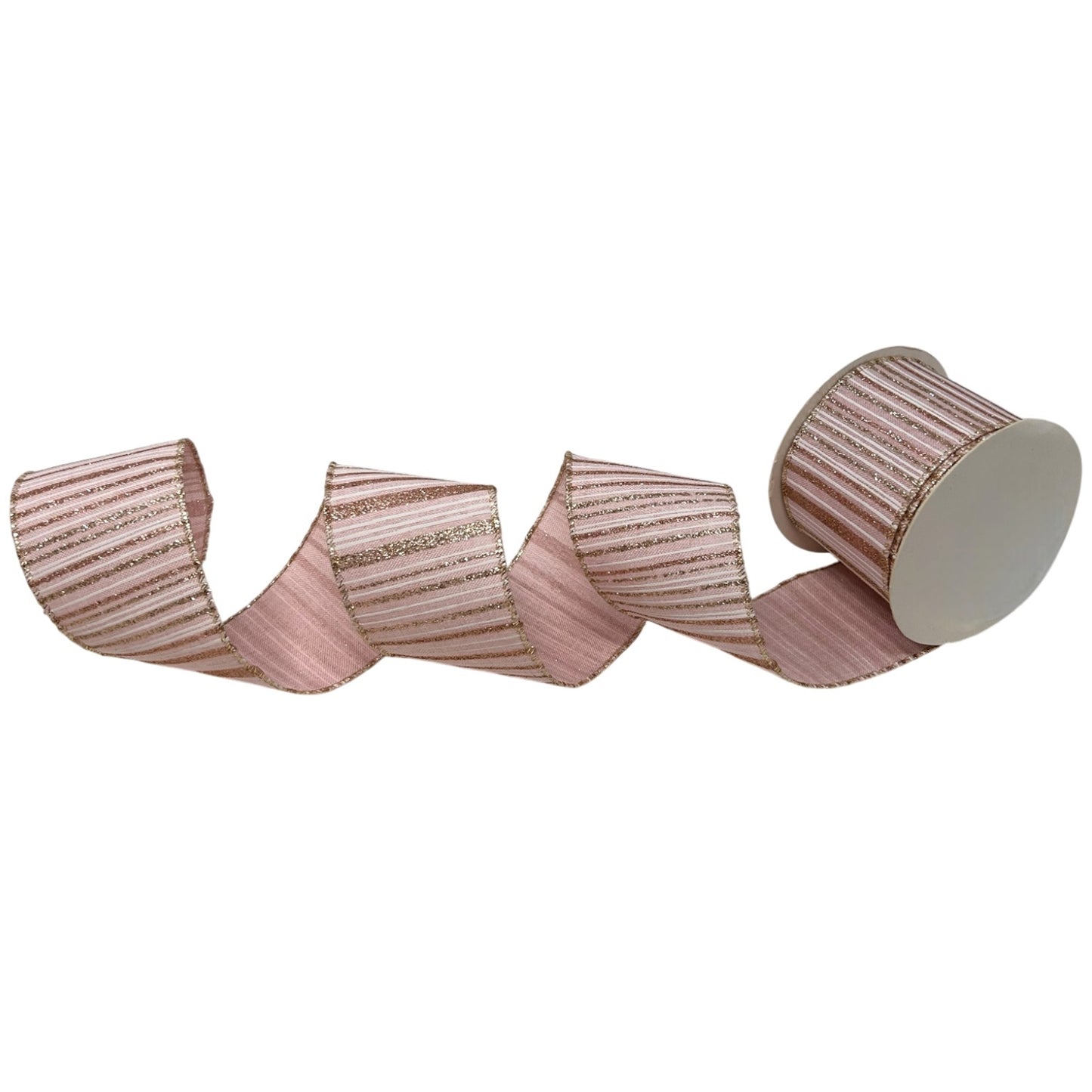 Faux Pink Linen Ribbon w/ white and Champagne Stripes 2.5" x 10yd | CRR
