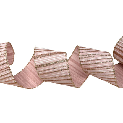 Faux Pink Linen Ribbon w/ white and Champagne Stripes 2.5" x 10yd | CRR