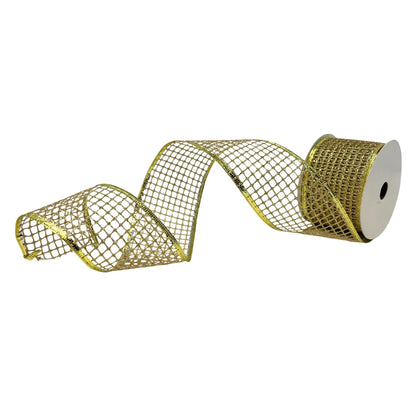 Open Weave Glitter Mesh Ribbon w/ Foil Wire Edge 2.5" x 10yd - Gold | CRR