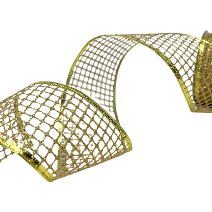Open Weave Glitter Mesh Ribbon w/ Foil Wire Edge 2.5" x 10yd - Gold | CRR