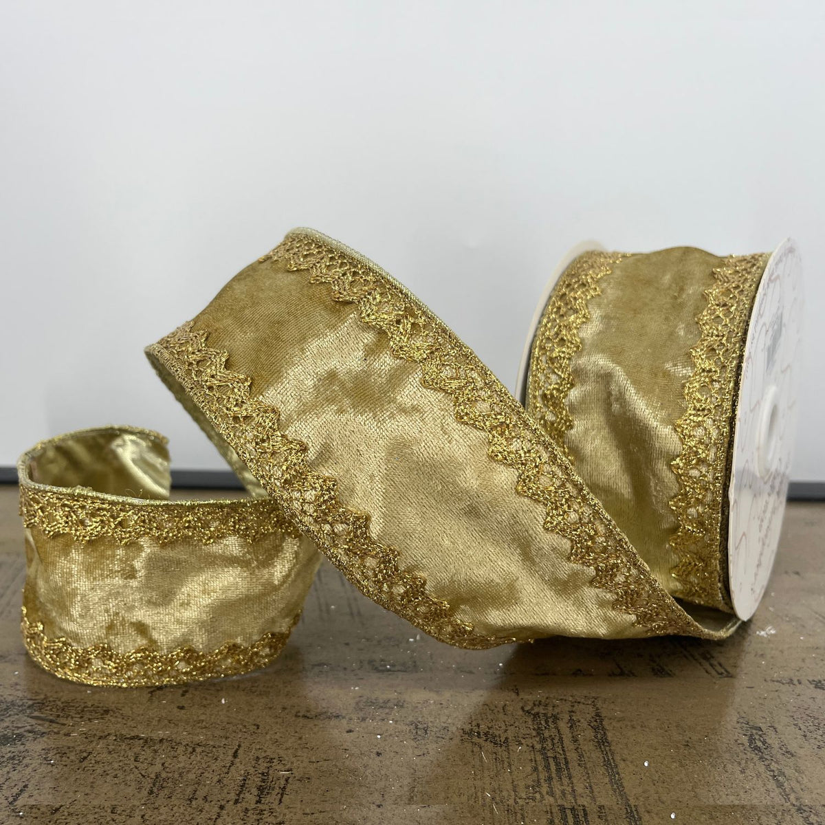 Flocked Gold Velvet Ribbon w/ Gold Edge Trim 2.5" x 10yd | CRR