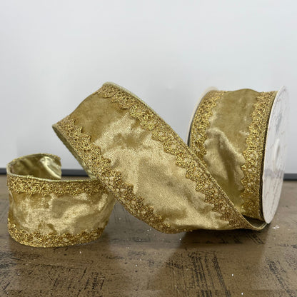 Flocked Gold Velvet Ribbon w/ Gold Edge Trim 2.5" x 10yd | CRR