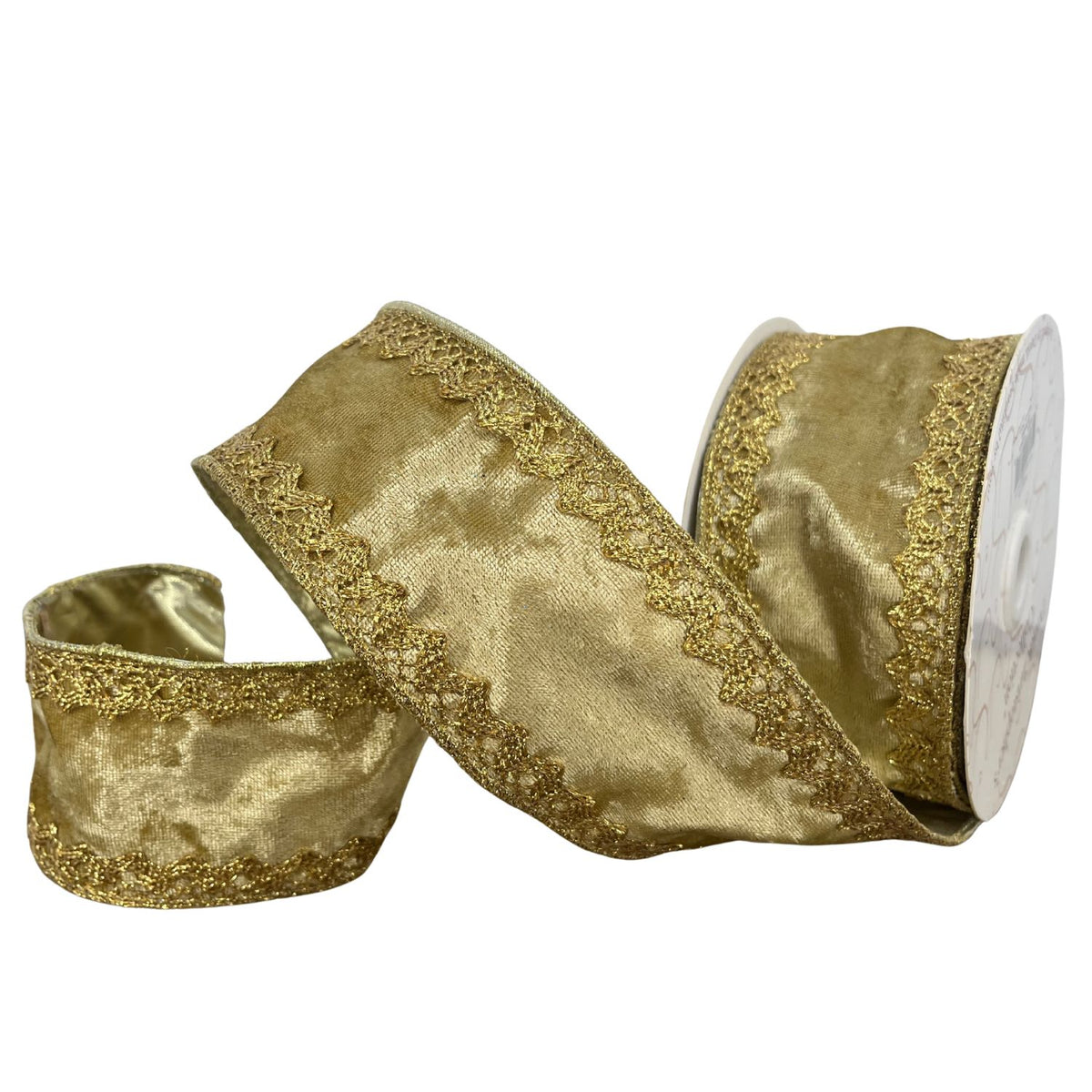 Flocked Gold Velvet Ribbon w/ Gold Edge Trim 2.5" x 10yd | CRR