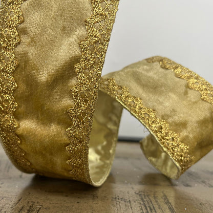 Flocked Gold Velvet Ribbon w/ Gold Edge Trim 2.5" x 10yd | CRR