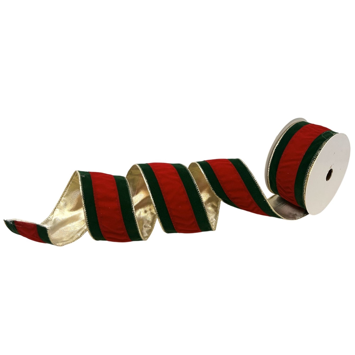 2.5" Flocked Green Velvet w/ Red Stripe Ribbon 2.5" x 10yd | CRR