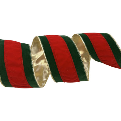 2.5" Flocked Green Velvet w/ Red Stripe Ribbon 2.5" x 10yd | CRR