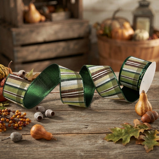 Shades of Green Ribbon w/ Brown Plaid Emerald Edge and Back 2.5" x 10yd | CRR