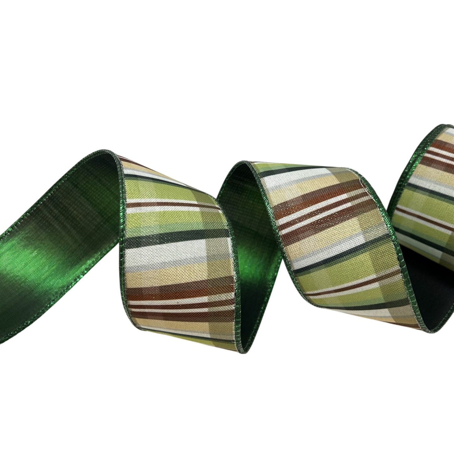 Shades of Green Ribbon w/ Brown Plaid Emerald Edge and Back 2.5" x 10yd | CRR