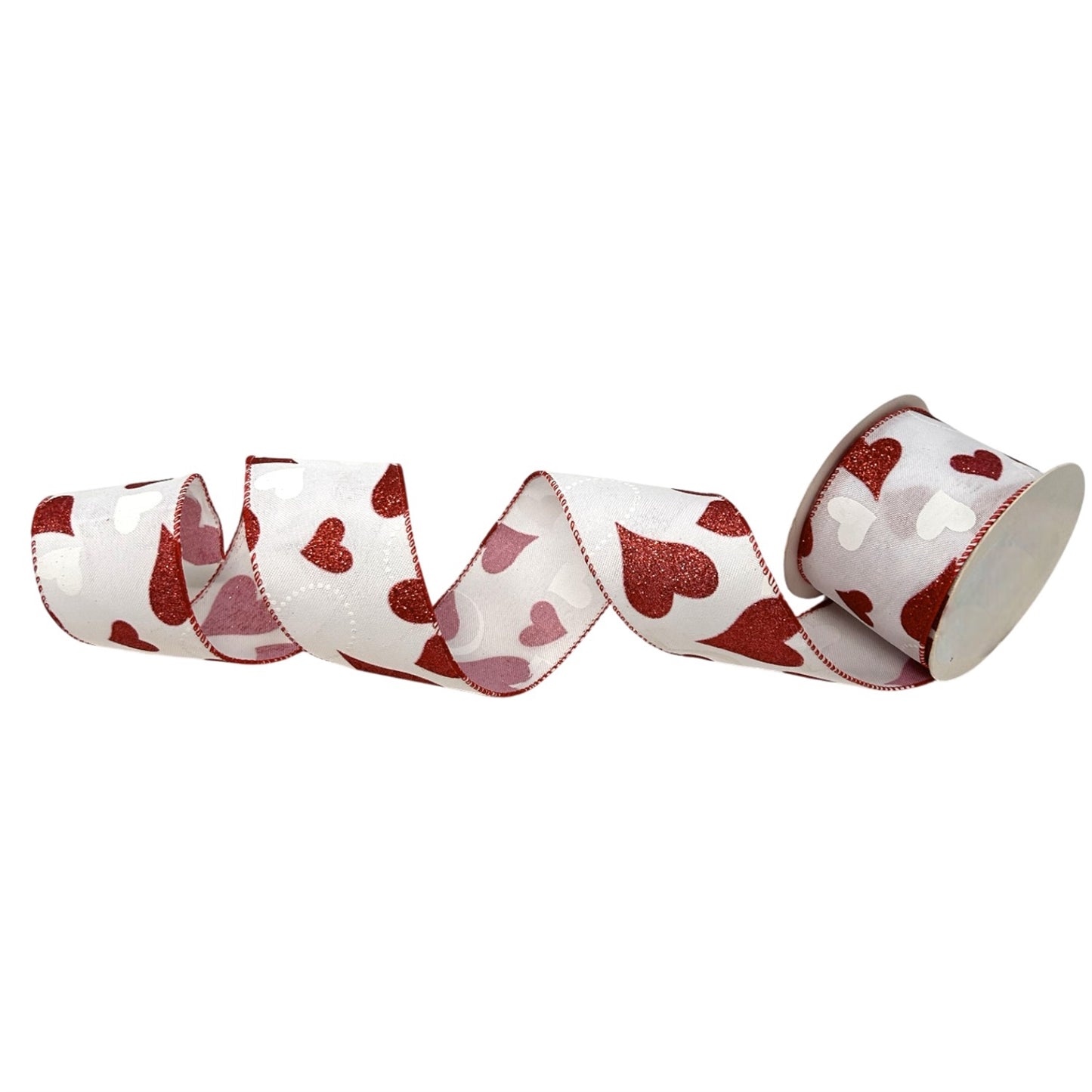 Glitter Red Hearts on White Ribbon 2.5" x 10yd - Red/White | CRR