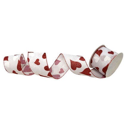 Glitter Red Hearts on White Ribbon 2.5" x 10yd - Red/White | CRR