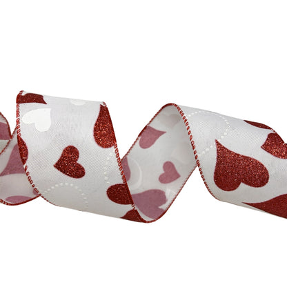 Glitter Red Hearts on White Ribbon 2.5" x 10yd - Red/White | CRR