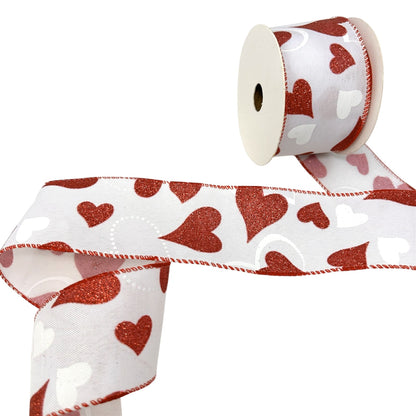 Glitter Red Hearts on White Ribbon 2.5" x 10yd - Red/White | CRR
