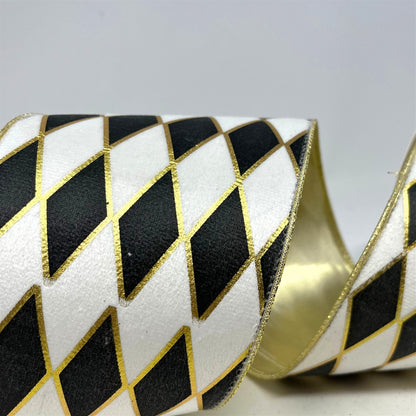 Black/White/Gold Diamond Ribbon Platinum Back 4" x 10yd | CRR
