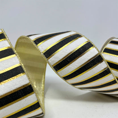 Black/White/Gold Stripe Ribbon Platinum Back 2.5"x 10yd | CRR