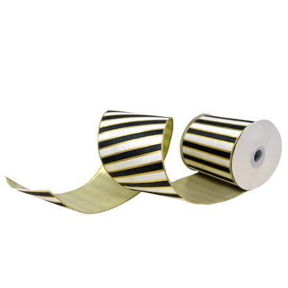 Black/White/Gold Stripe Ribbon Platinum Back 4"x 10yd | CRR