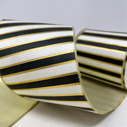 Black/White/Gold Stripe Ribbon Platinum Back 4"x 10yd | CRR