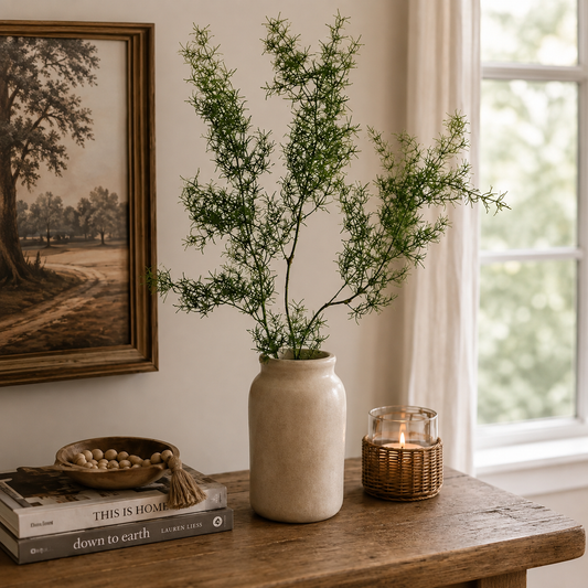 A tall beige ceramic vase holding delicate green foliage branches, styled on a rustic wooden table beside a lit woven candle holder and stacked books, with a framed landscape painting and window in the background.