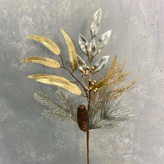 Metallic Leaf/Pine/Berry/Pinecone Spray 28" - Plat./Gold | KS