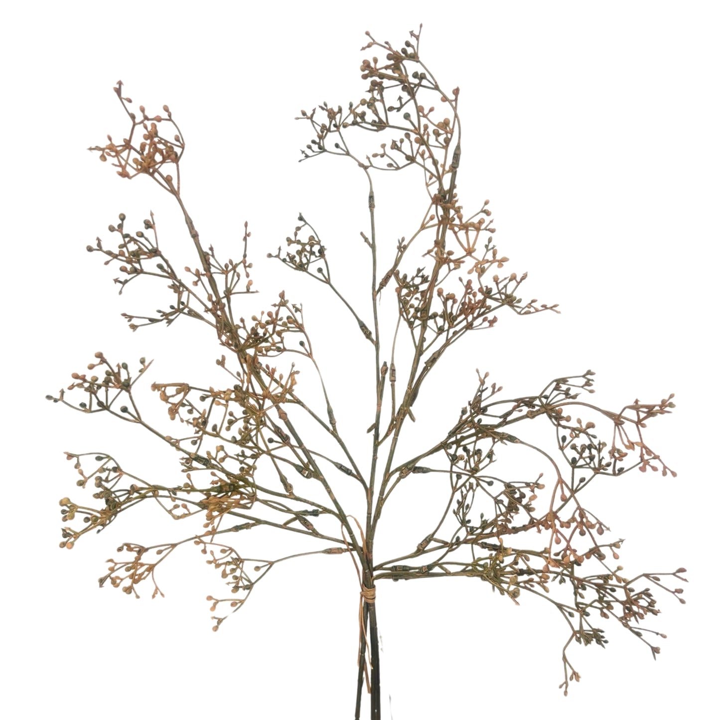 A single artificial flowering baby's breath floral stem with thin brown stems, small buds, and sparse pale pink blossoms, photographed against a plain white background.