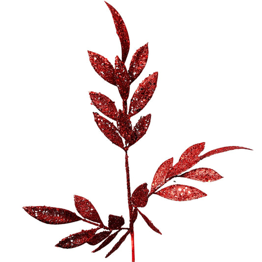 Glitter Bay Leaf Spray 29" - Red | KS
