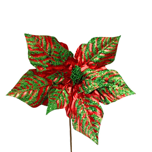 Medium Marvelous Metallic Poinsettia Spray 15" Dia / 24" - Red/Green |KS