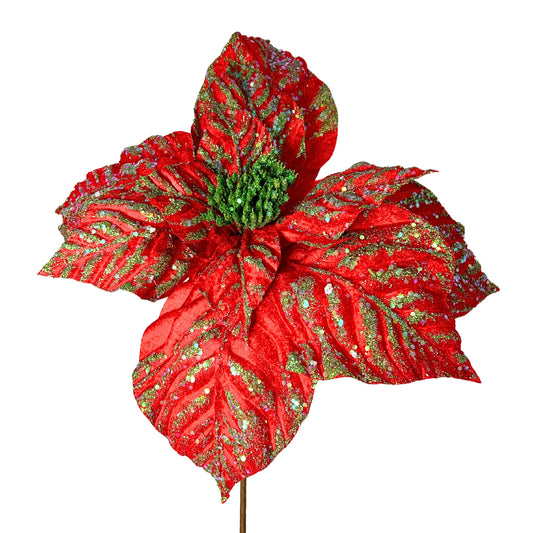 Elegant Glitz Poinsettia Stem - Red/Lime 23” |KS