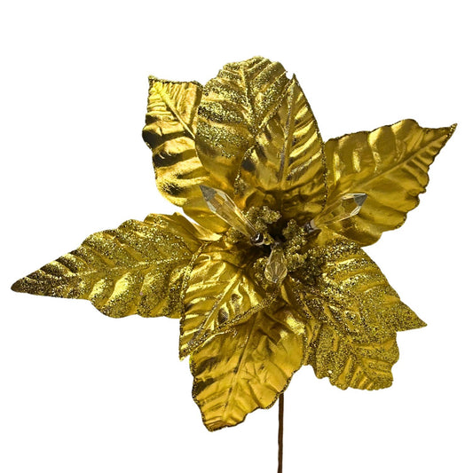 Glistening Metallic Crystal Poinsettia Stem - Gold H:27" X D:16"  | KS